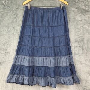 Womens Skirt Large Tiered Cowgirl Cottage Chambray Denim Prairie Midi Western